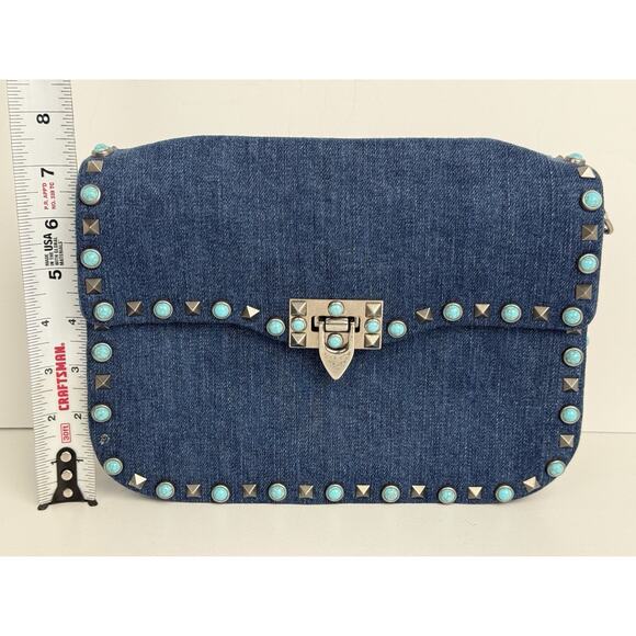 Valentino Rolling Rockstud Denim and Leather Shoulder Bag with Multicolor Strap - Picture 14 of 16
